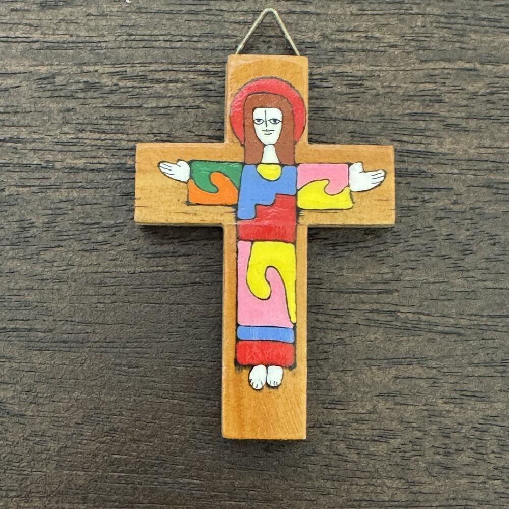 Cross with Christ El Salvador Vtg Crucifix Handmade Colorful Jesus Religious